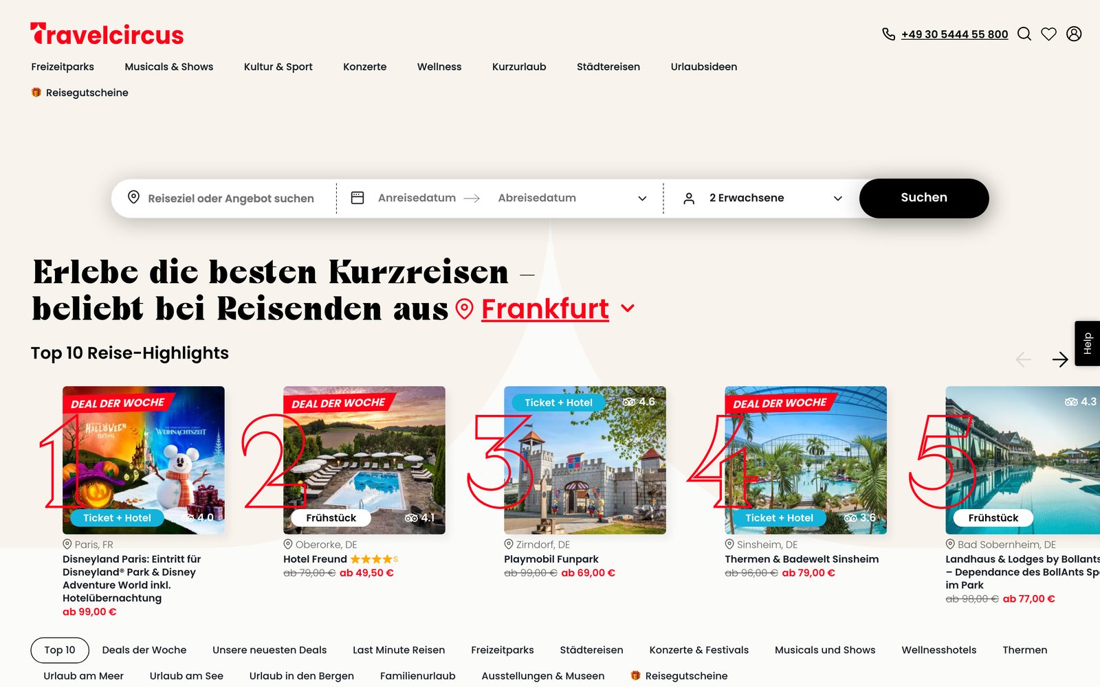 Startseite von travelcircus.de mit Suche nach Reisezielen und den Top 10 Reise-Highlights