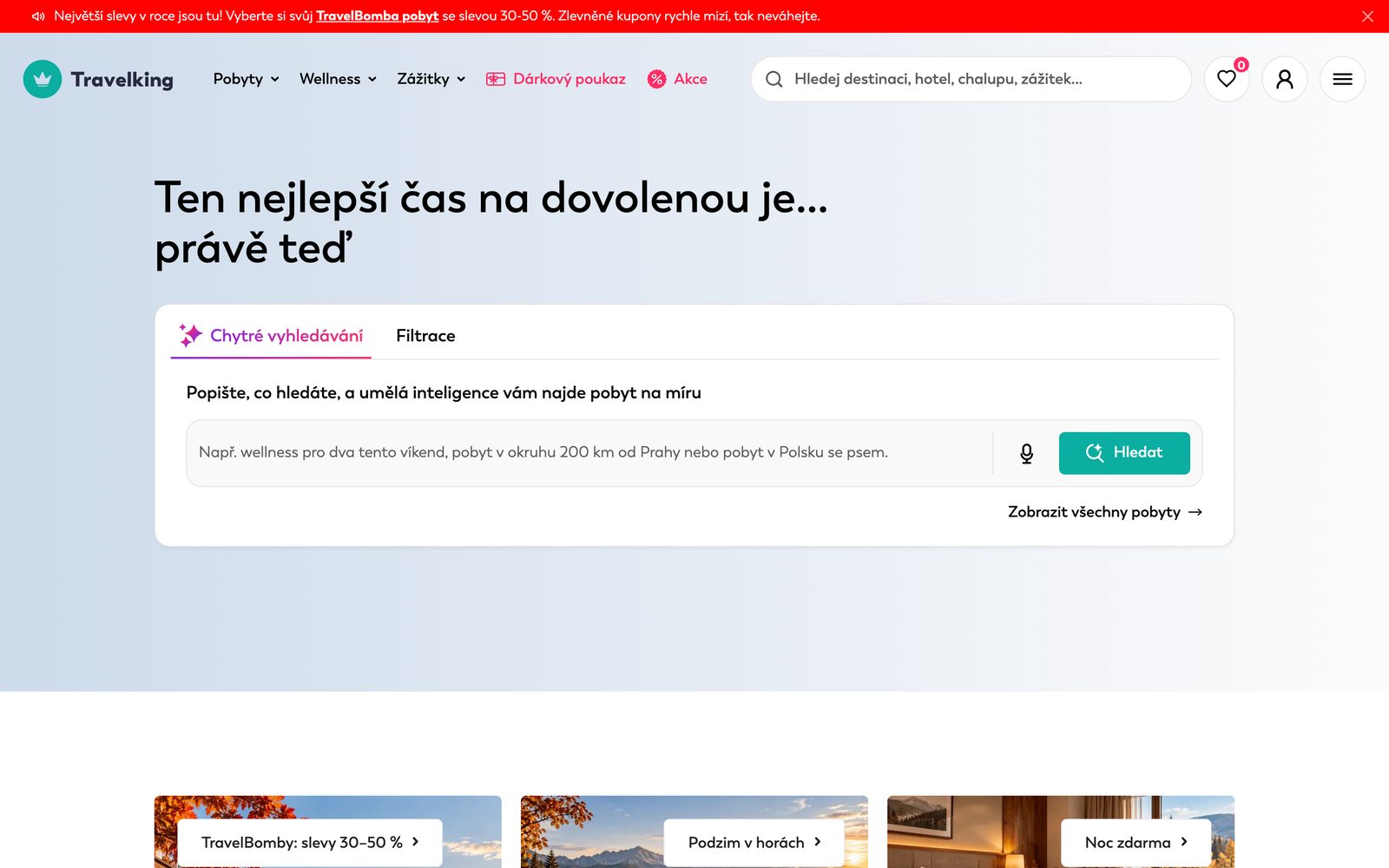 Startseite von travelking.cz mit KI-gestützter Suche nach Kurzurlauben